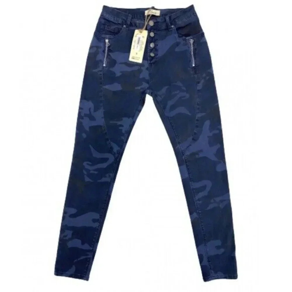 Elan Jeans Pants Camo Jayme Button Fly Navy Blue High Rise Women's Size S NEW